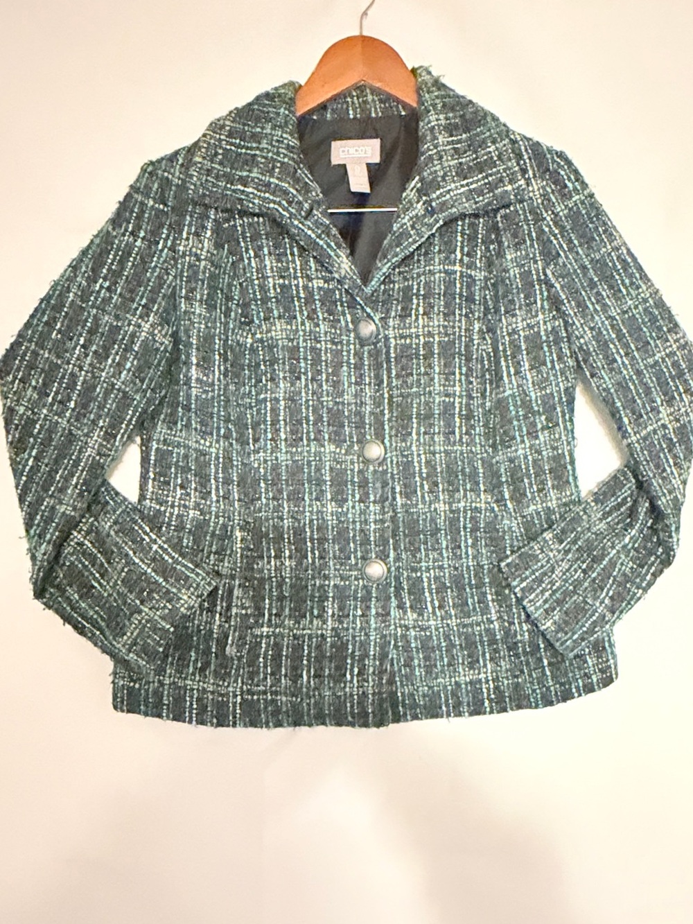 Chicos Size 0 Small Teal Blue Black Boucle Tweed Plaid Blazer Jacket Wool Blend